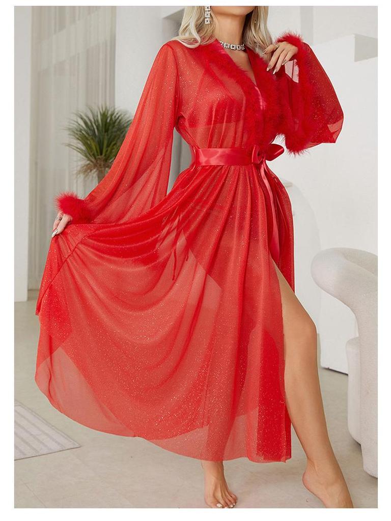 Fiyun Women's Silver Silk Pajamas & Bathrobe Set - Light Luxury, Long Sleeve, Fuzzy Cool Feel Homewear