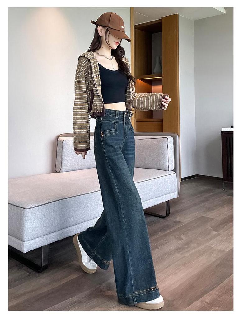 2026 Spring/Autumn Women's High-Waisted Slimming Retro Micro-Flare Jeans - Versatile Petite Trumpet Pants