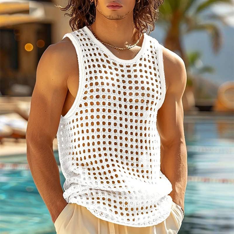 

American Style Fashion Men Tops Popular Vacation Hollow Out Mesh Vests Sexy Casual Sleeveless Tank Tops Summer XS білий