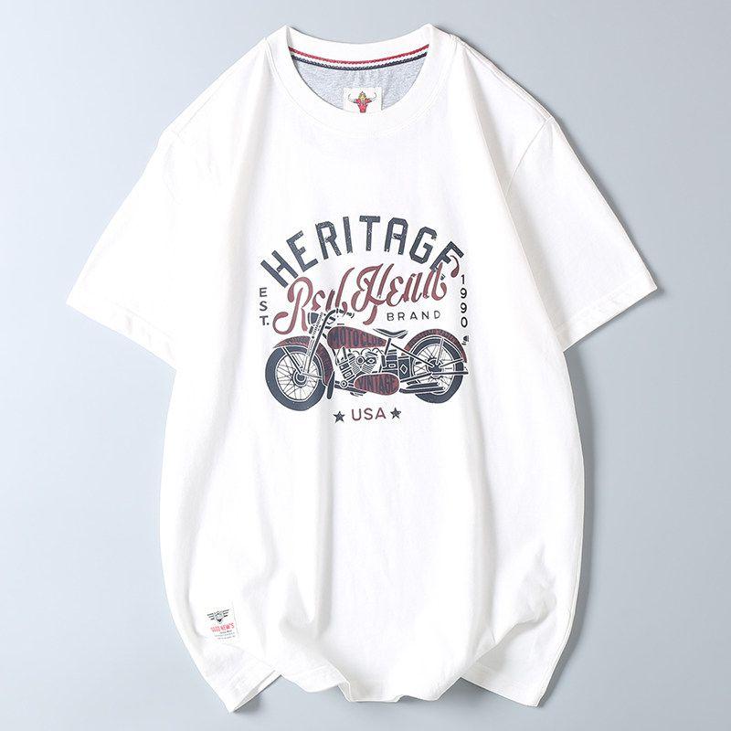 American Retro Motorcycle Print Short-Sleeve T-Shirt for Men, Export Surplus, Pure Cotton, Brushed Fabric, Round Neck, Half-Sleeve