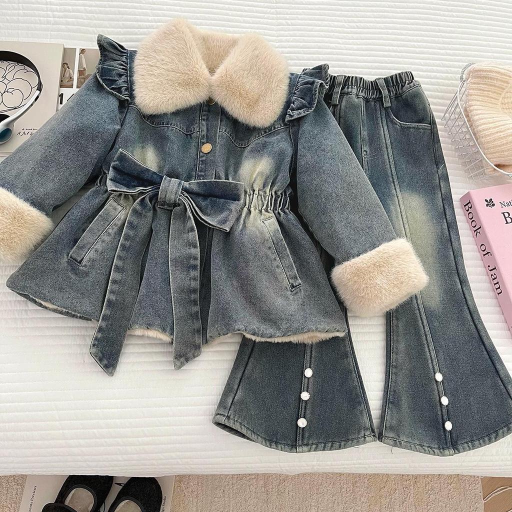 Mädchen Jeansjacke mit Samtkragen & Schlagjeans mit Perlen Winter Set