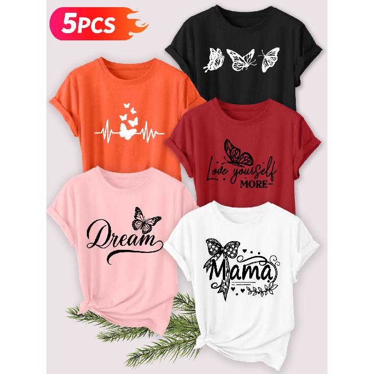 Five-piece set Elegant short-sleeved shirt for women Butterfly series printed round-neck women's short-sleeve shirt suitable for spring and summer