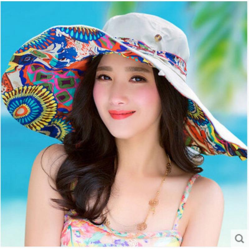 Sun Hats for Women Summer Large Beach Hat Flower Printed Wide Brim Bob Chapeu Panama Female Hat