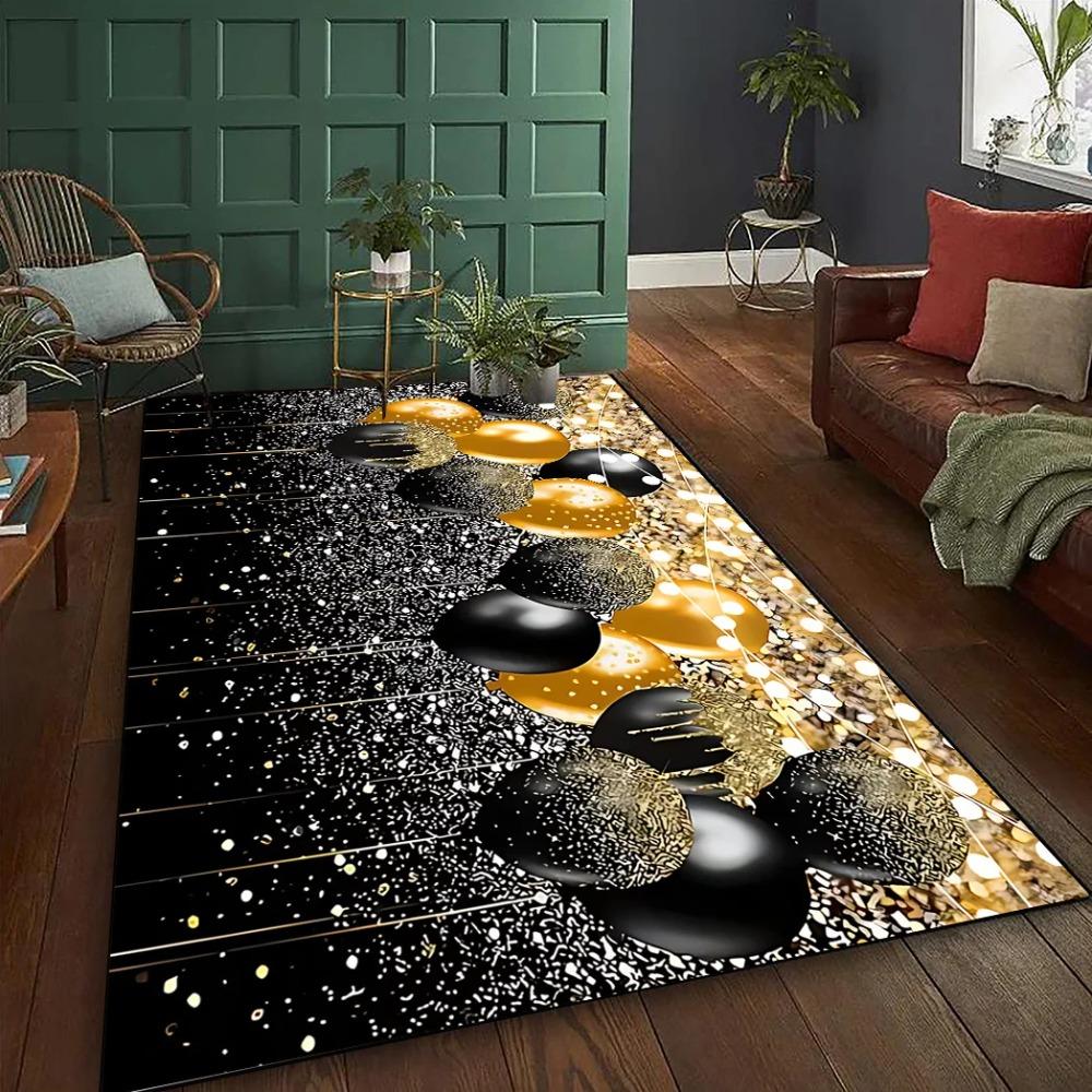 Black & Gold Photo-Inspired Area Rug – Luxe Polyester Plush Carpet for Living Room Bedroom Porch, Indoor Floor Mat Decor