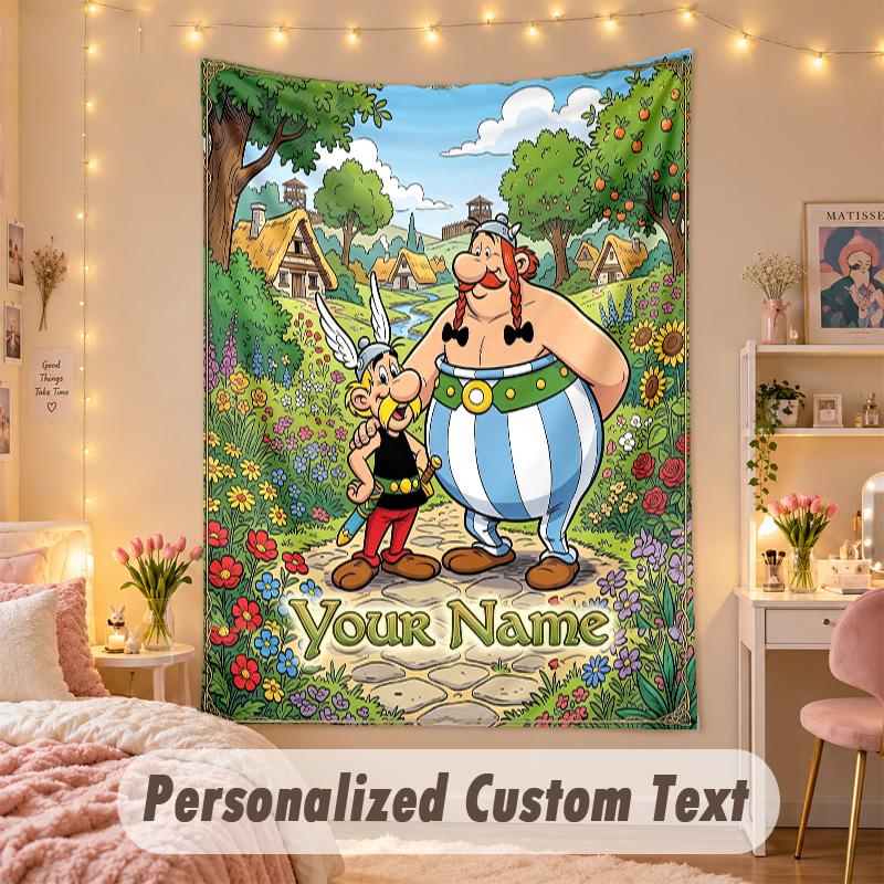 Custom Personalized Tapestry,Asterix & Obelix Print Custom Name Text Wall Art Hanging for Bedroom