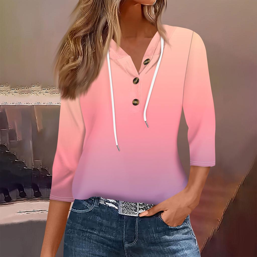 Women's Fashion Seven Split Sleeve Button Casual Hooded Printed T-Shirt Top