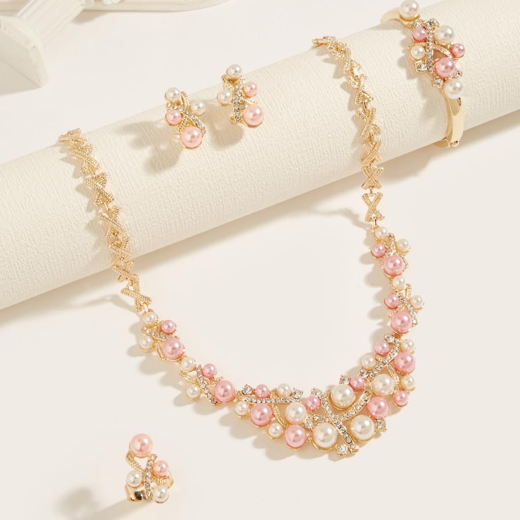 Elegante Set di Gioielli Rosa e Bianchi con Perle Finte e Strass