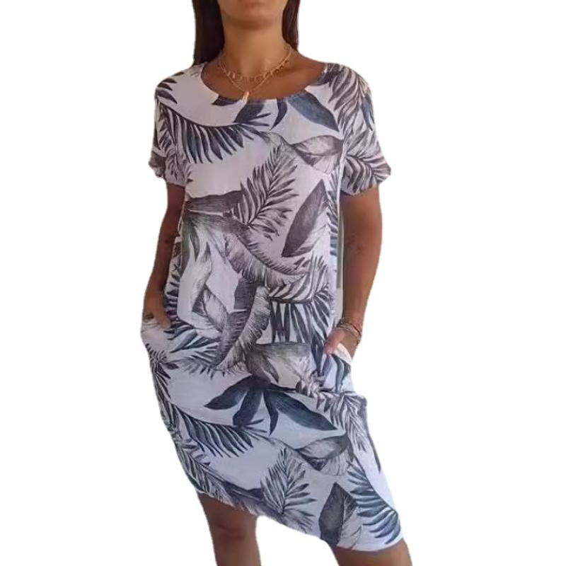 

Женское свободное платье с круглым вырезом и коротким рукавом с цветочным принтом, летние тонкие повседневные платья миди с карманами 2XL серый