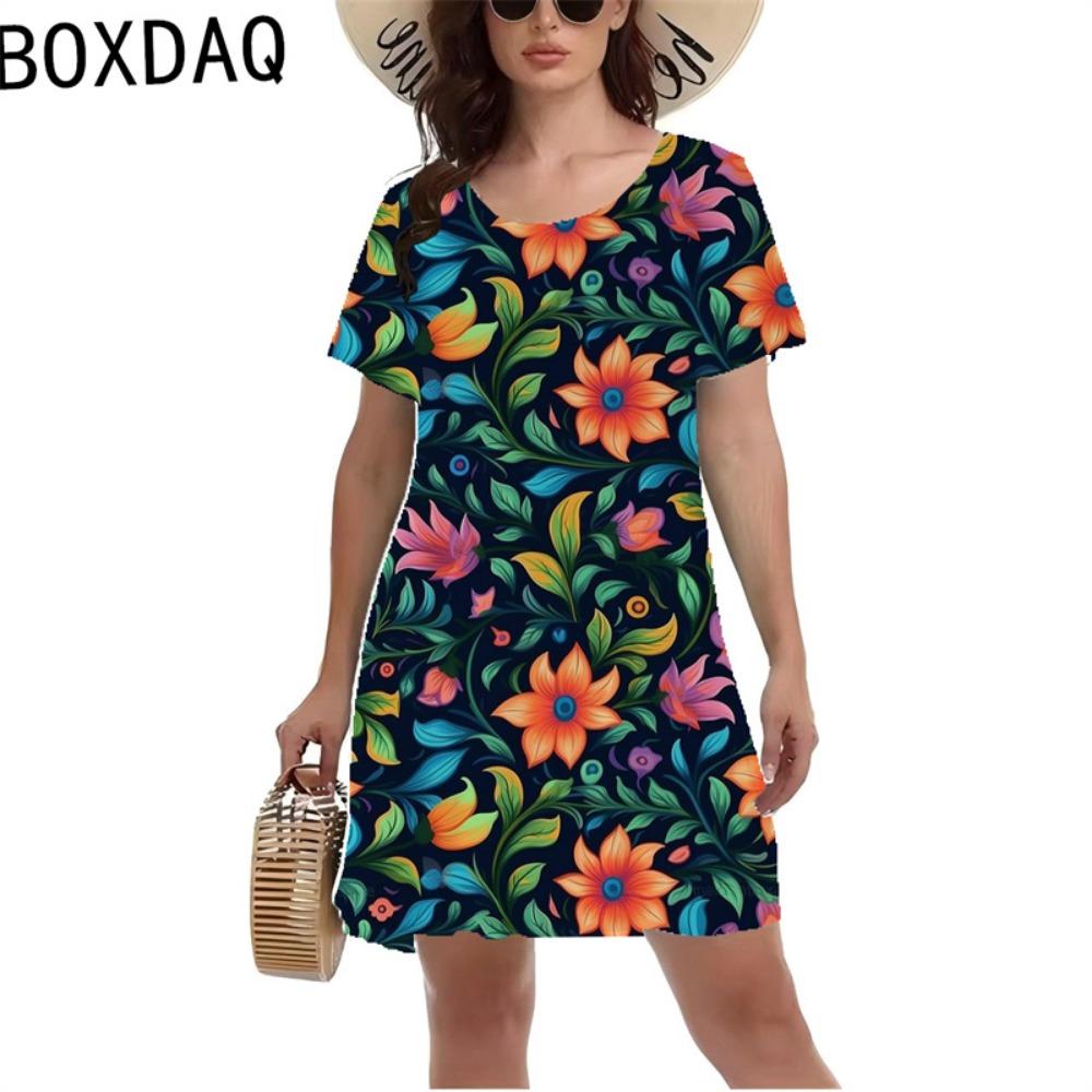 Summer Floral Print Dress Women's O-neck Short-sleeved Retro A-line Dress Colorful Flowers Seaside Holiday 3d Dress
