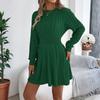 Women's Fashion Casual Twisted Knit Fitted Waist Sweater A-line Skirt Round Neck Long Sleeve Solid Color Dress