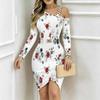 Women Plus Size Asymmetric Cold Shoulder White Red Vintage Floral Print Wrap Bodycon Midi Dress