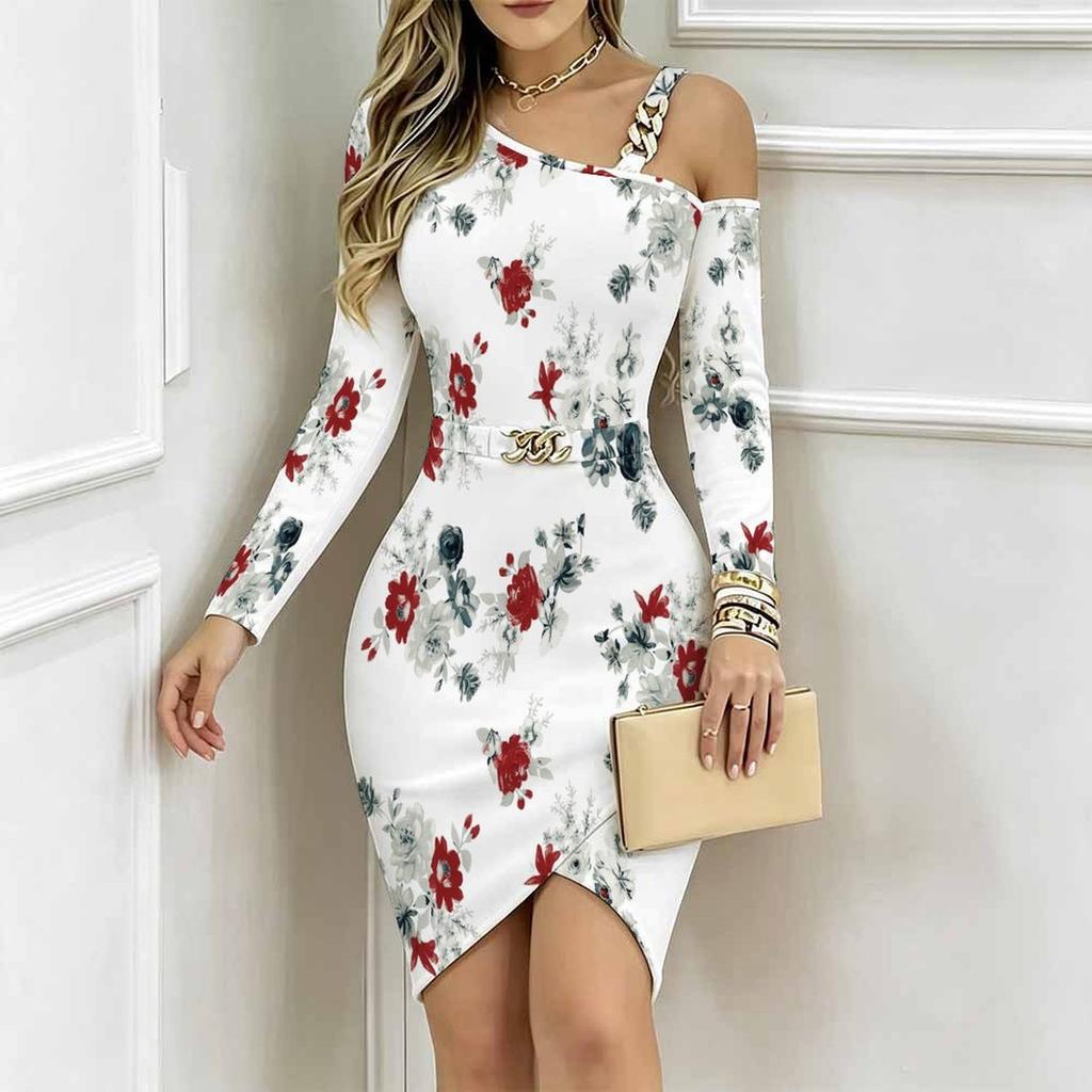 Women Plus Size Asymmetric Cold Shoulder White Red Vintage Floral Print Wrap Bodycon Midi Dress