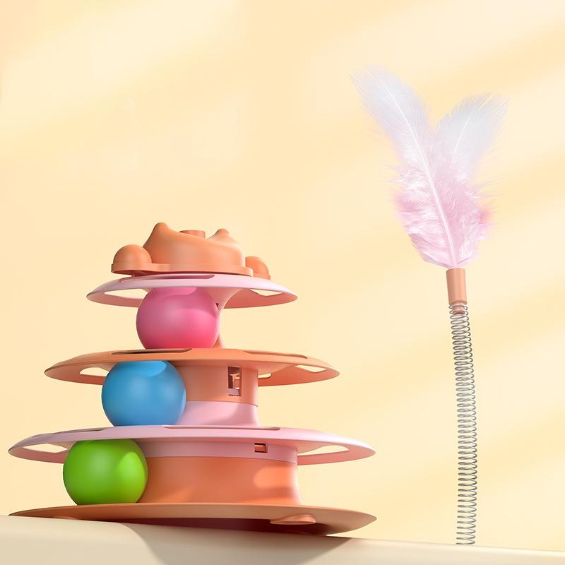 

4-Layer Feather Cat Turntable With Fun Toy Ball And Playing Stick - Interactive Toy For Cats