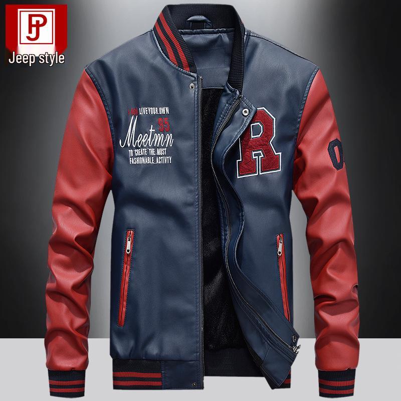 Chaqueta de Cuero para Motociclista con Forro de Terciopelo Otoño/Invierno 2026 para Hombre - Estilo Béisbol Bordado Juvenil de Moda