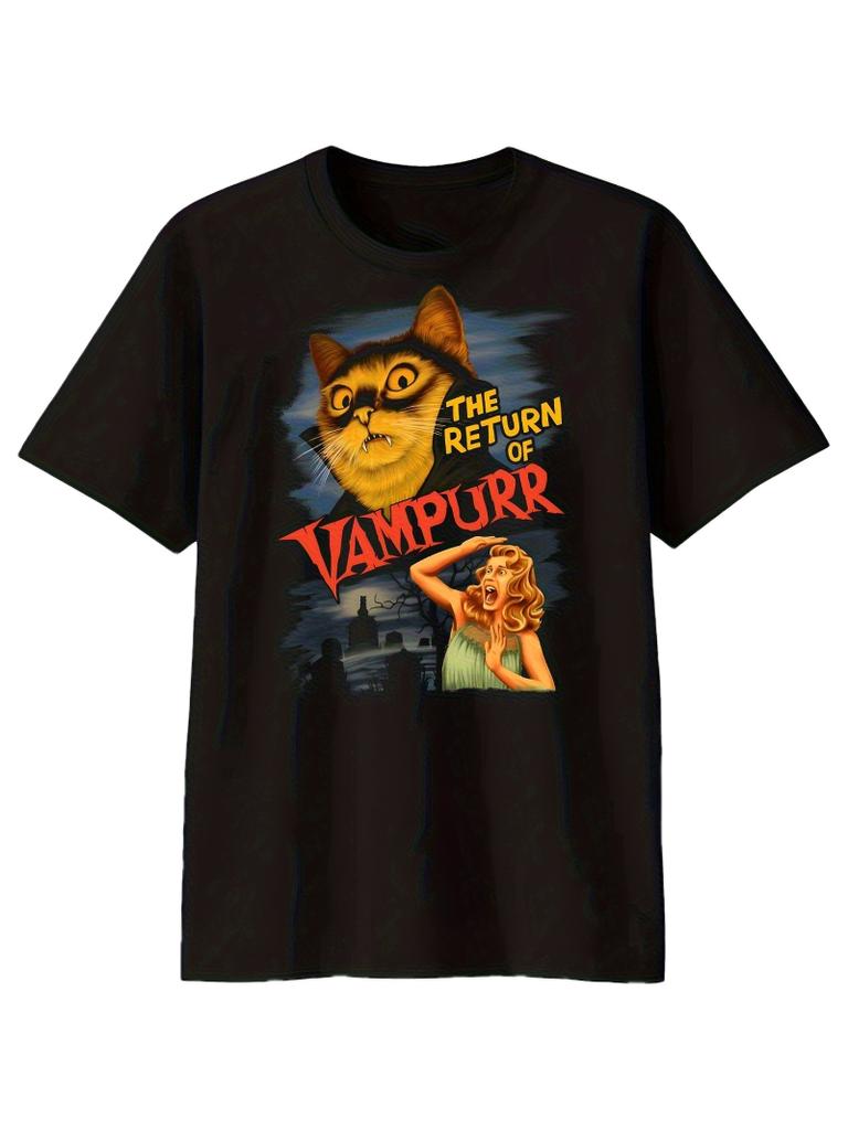 Unisexs Retro Vampire Cat Pattern Tshirt Pure Cotton Loose Round Neck Short Sleeves Nostalgic Horror Movie Style Pattern