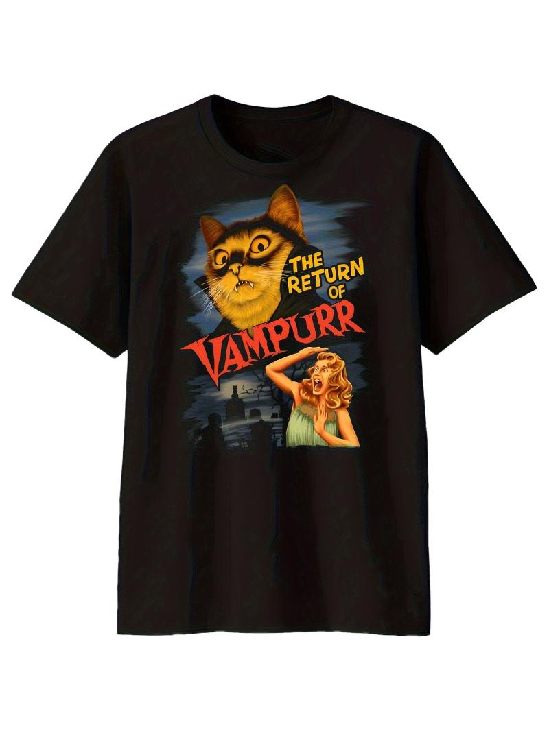

Mens Retro Vampire Cat Pattern Tshirt 100 Cotton Loose Round Neck Short Sleeve Nostalgic Horror Movie Art 4XL