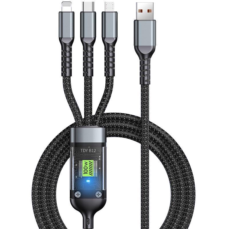 100W Crystal 3-in-1 Transparent Data Cable with Light Version
