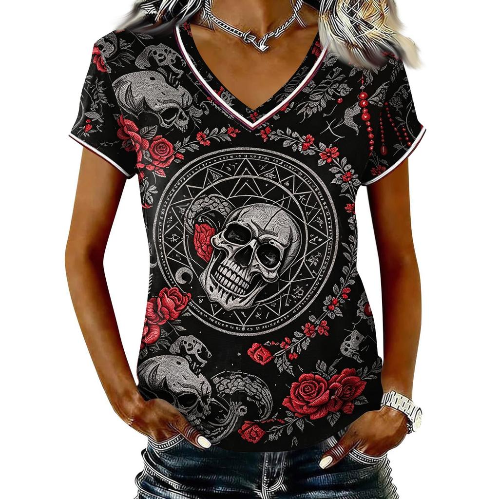 Women's Casual V Neck Short Sleeve T-Shirt Halloween Print Pullover Top