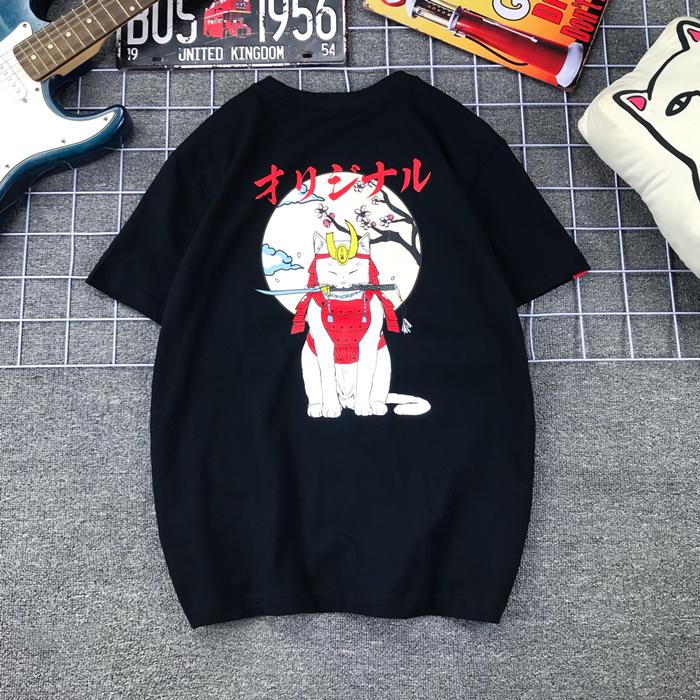 

Japanese Trendy Brand Cherry Blossom Lucky Cat Retro Cartoon Print Couple Outfit Pure Cotton Short-sleeved T-shirt for Men Women 3XL