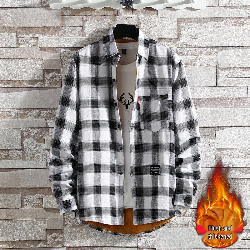 Men's Slim-Fit Fleece-Lined Plaid Button-Down Shirt - Korean Style Warm Casual Top