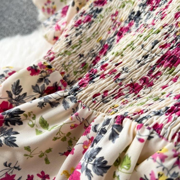 Summer Floral Off Shoulder Dress Women High Waist Short Sleeve Ankle Length Spring Casual Fashion