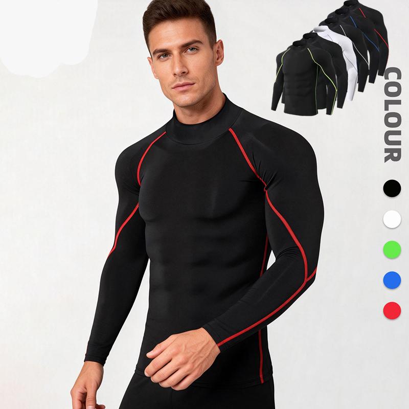 Heren Fitness Shirts Hoge Kraag Sneldrogend Compressie Lange Mouwen T‑Shirt Strakke Sport Top Voor Hardlopen Training Tops