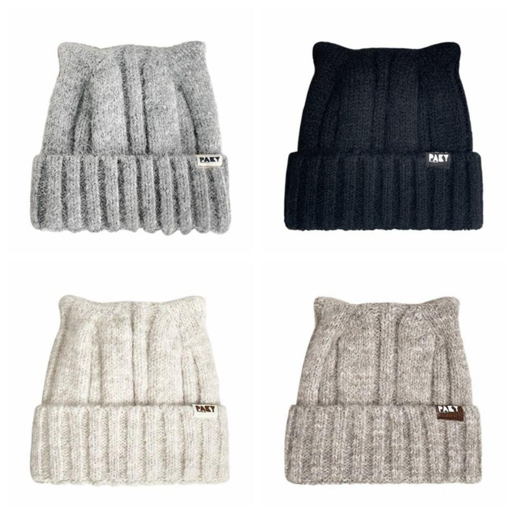 Windproof Knitted Pullover Hat Wool Women Beanie Hats Cute Cat Ears Hat  Female