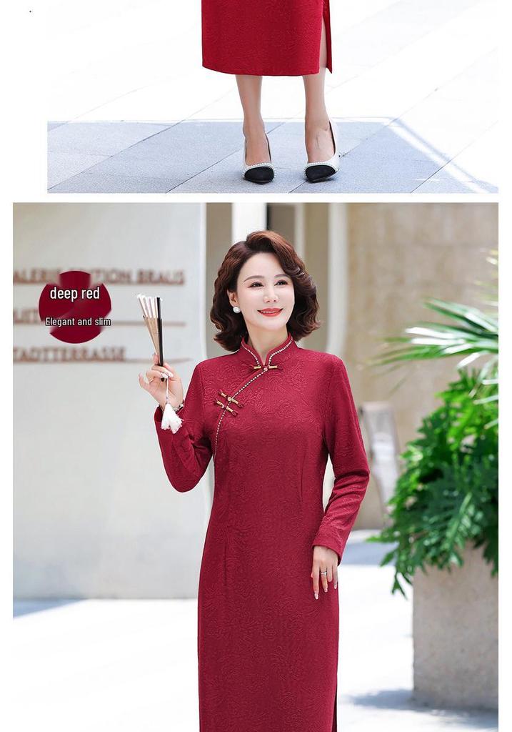 Mom's Autumn Qipao: Elegant Long-Sleeved Dress for Wedding and Banquet