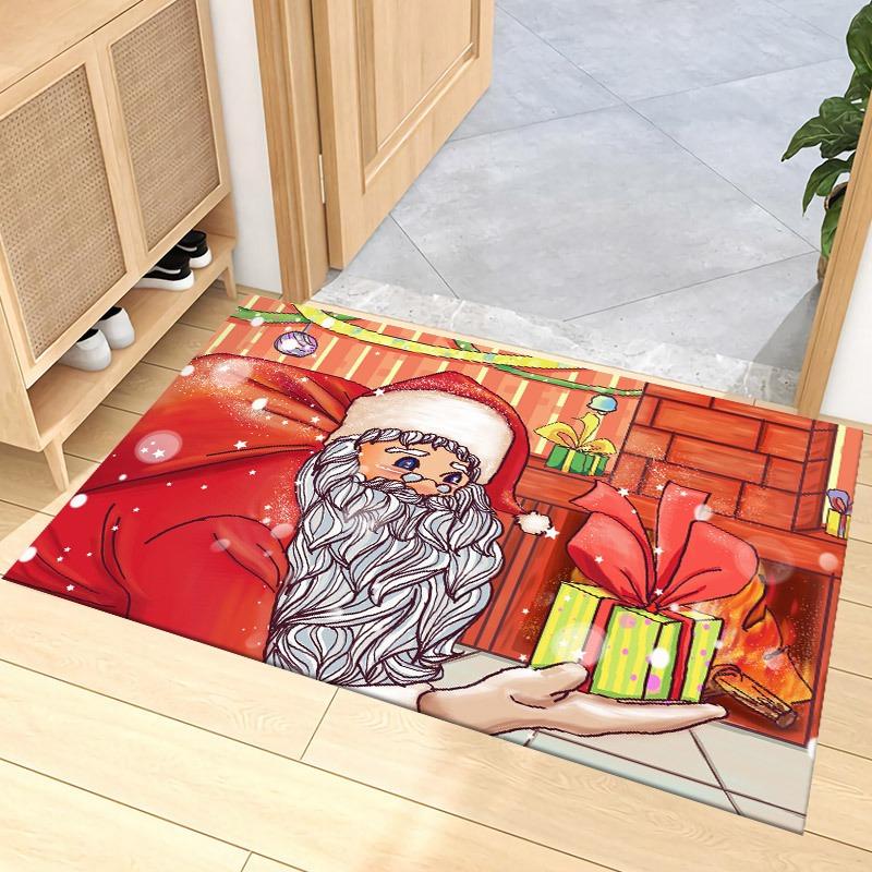 Christmas Santa Carpet Mat Rug Gift Bag Snowflake Home Decoration Festive Entryway Floor Mat with Merry Christmas Design