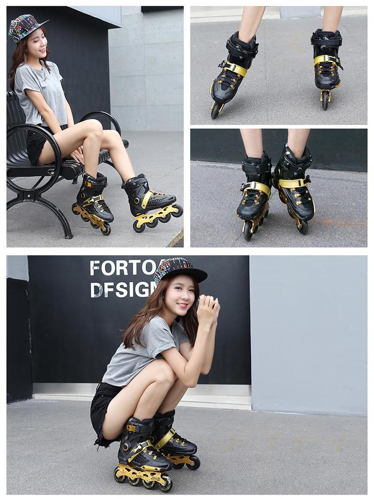 Erwachsene Schwarz-Gold Inline-Rollschuhe für Männer & Frauen – Anfänger Einreihig mit Blumenmuster