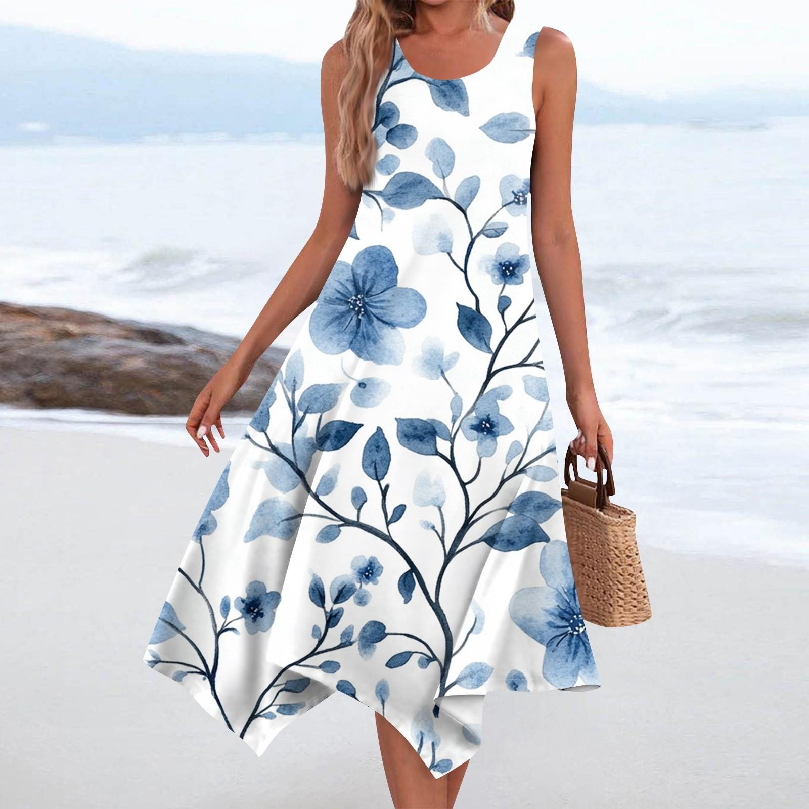 

Женское повседневное модное платье средней длины с круглым вырезом без рукавов с винтажным цветочным принтом и неровным подолом XL белый