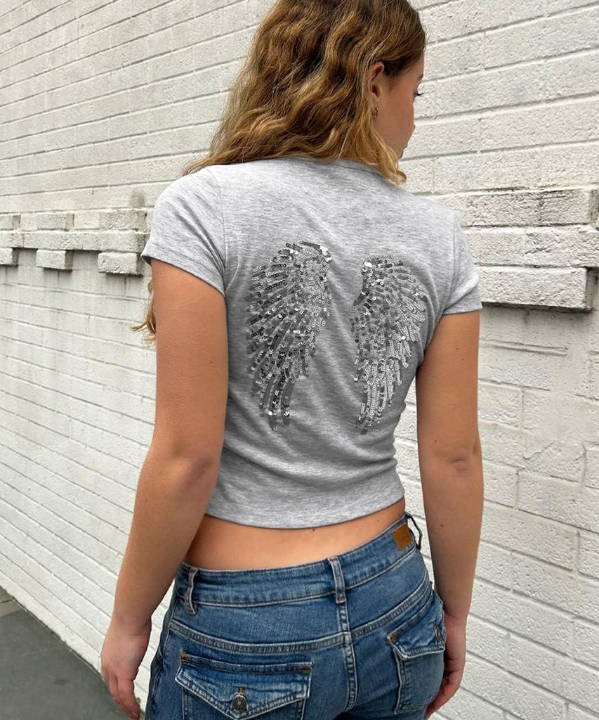T-shirt Seobdyudeu con Ali di Paillettes (Grigio Perla Melange)