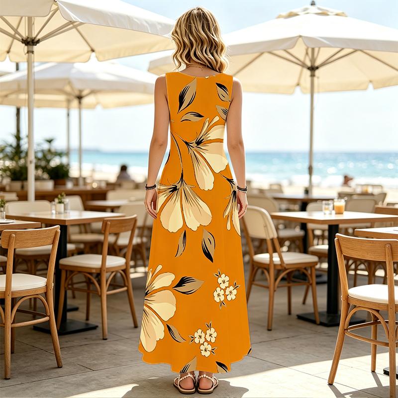 Women's Sleeveless Floral Beach Maxi Dress,Loose Fit,Comfortable Fabric,Flowy Skirt,Versatile Summer Dress for Daily Wear,Casual Parties