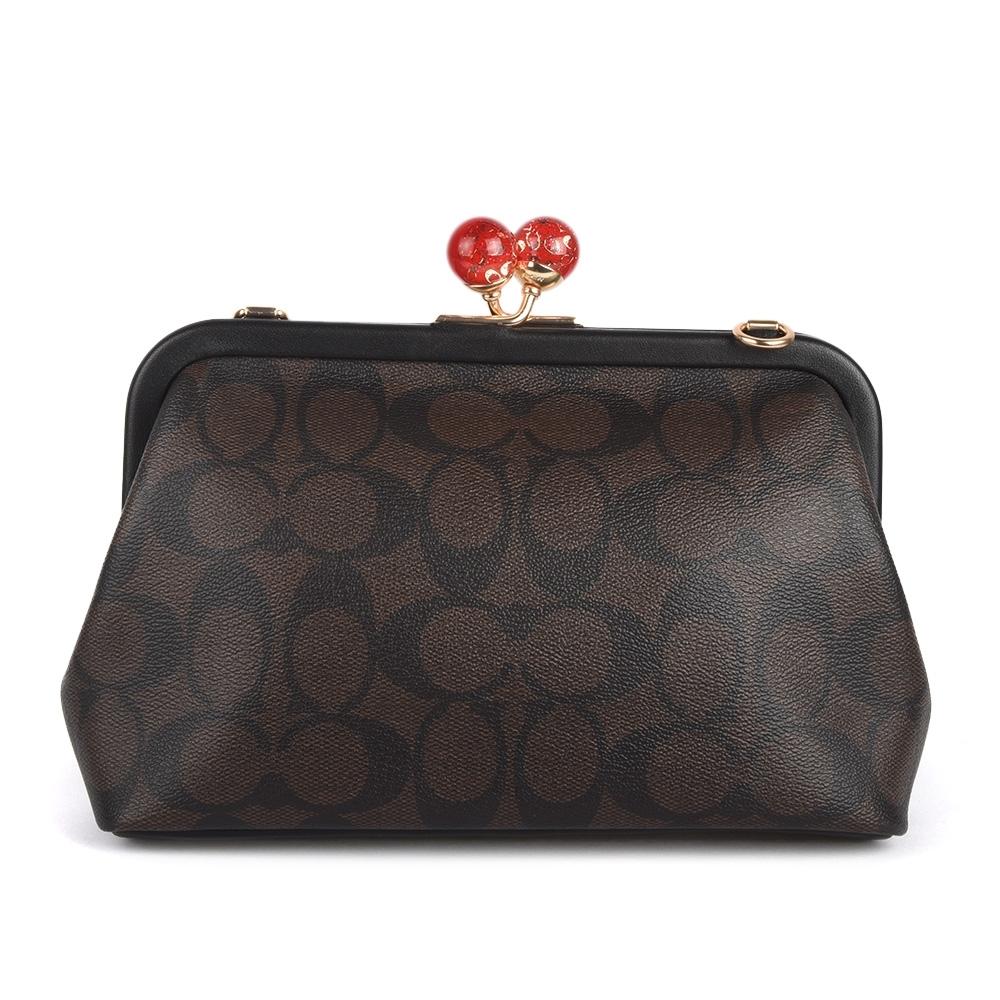 Coach Kisslock Series 22 Logo Charm Detachable Shoulder Strap Coated Canvas And Leather Kiss Lock Handbag Women handbag Brown Black C1452-IMAA8