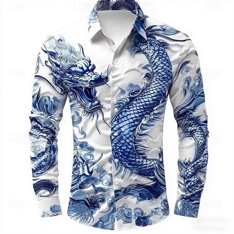 multicolour Dragon Men's Long Sleeve Shirt Button Fashion Casual Shirt Vacation Everyday Spring Lapel 3D Printed Men's Clothing