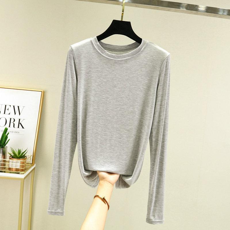 Women's Crew Neck Long Sleeve Tee Slim Fit Commuter Casual Top Solid Color Modal Fabric Stretchy Basic Layering Shirt For Autumn Daily Inner Wear