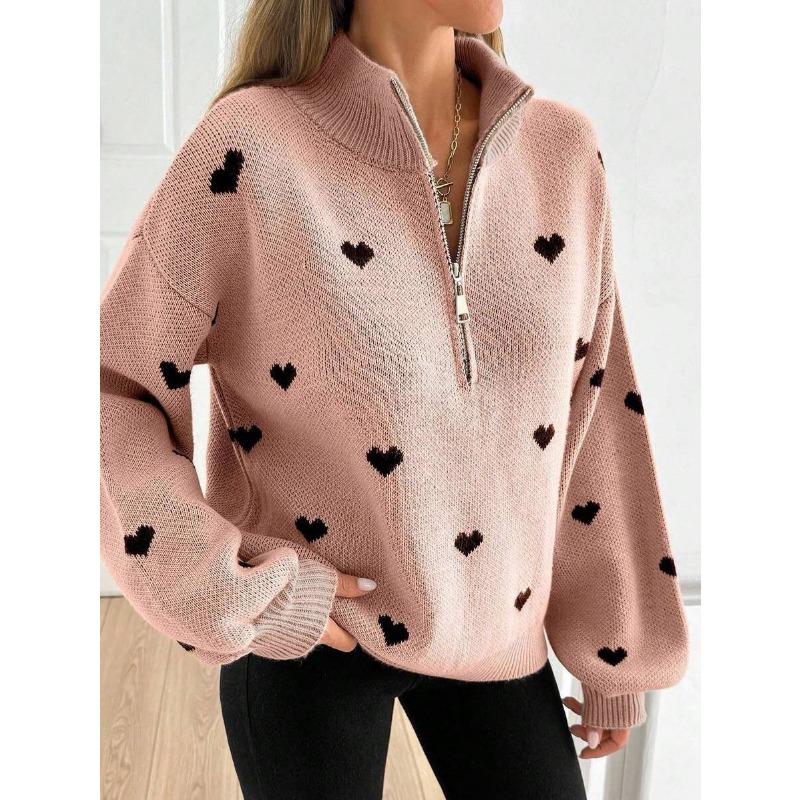 Damen Lockerer Halb-Reißverschluss Gestrickter Langarm Pullover mit Herzmuster Freizeit
