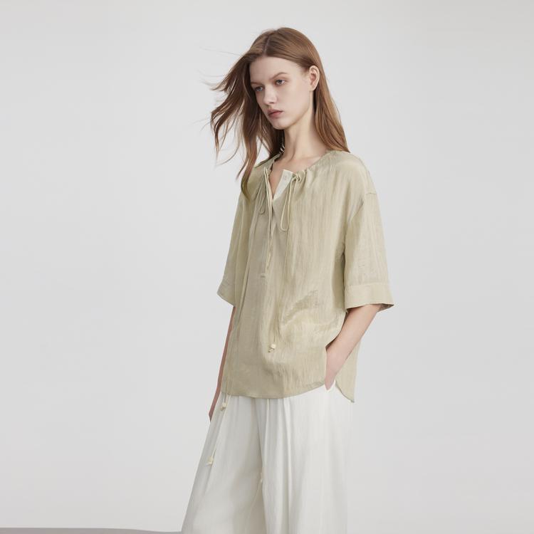 ELLE French Style Commuter Drawstring Design Tencel Short Sleeve Shirt Women shirts EM51929