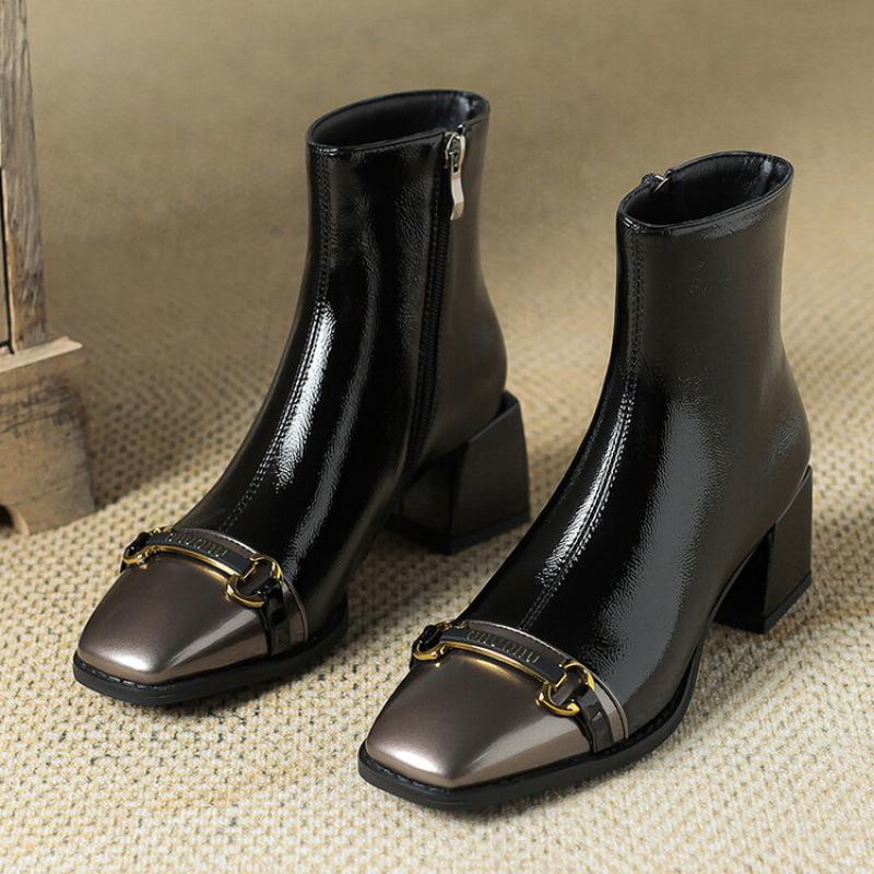 

Осень и зима Корейская версия модных ботинок женские резиновая подошва удобный средний каблук квадратный носок женские ботинки квадратный каблук большой размер новые 39 чёрный