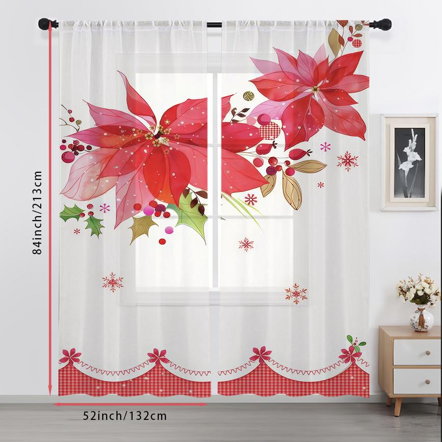 2PCS Christmas Poinsettia Sheer Curtains