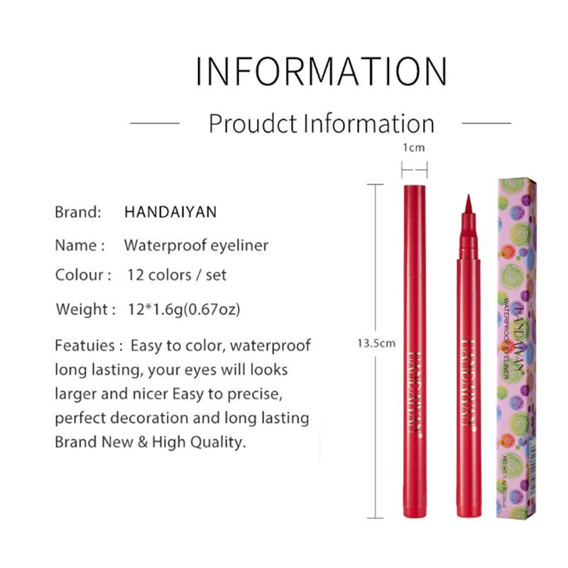 12 Farben mehrfarbig Schwarz Flüssiger Eyeliner Stift Wasserdichter Stift Lang anhaltendes Augen-Make-up Make-up Frauen Augen Kosmetik