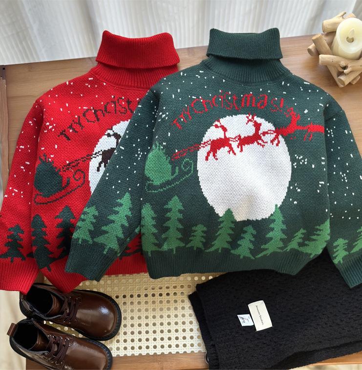 2025 Winter Kinder Roter Rollkragenpullover - Trendiger Weihnachtsstil für Jungen und Mädchen