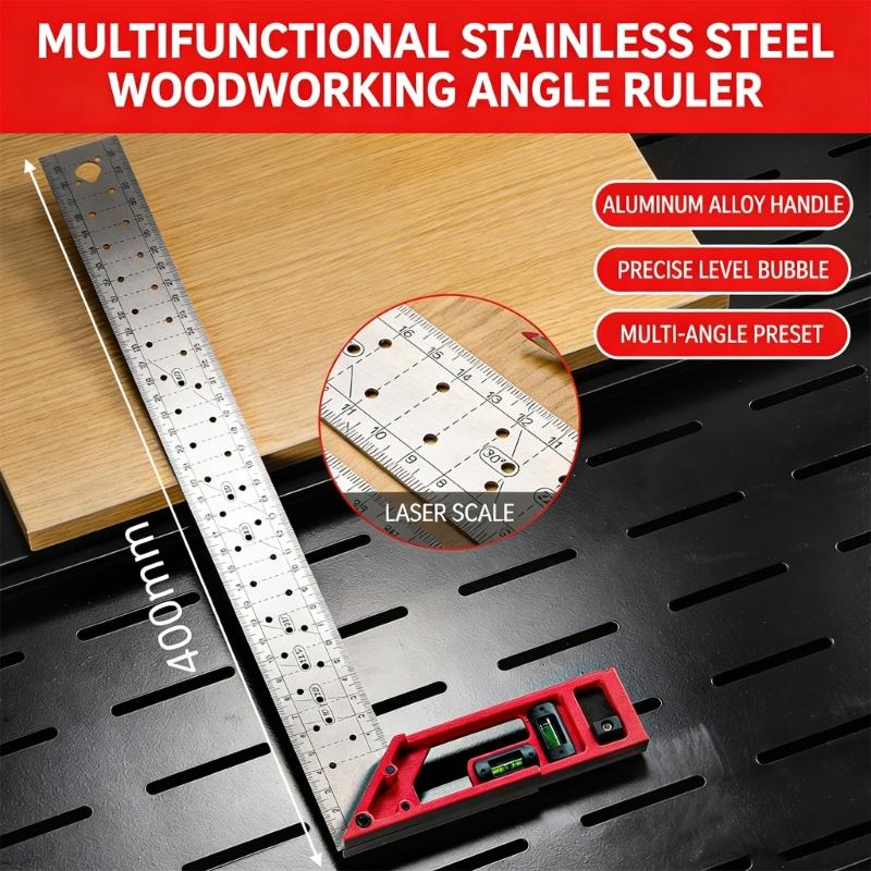 Aluminum Stainless Steel Combination Square Featuring Lasering Etched Graduations Build In Level Vials And Preset Angled Holes For Quick Layout