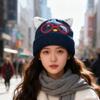 Cute Glasses Cat Ears Hat Women's Autumn and Winter Warm Ear Protection Knitted Hat Showing Face Small Wool Cold Hat