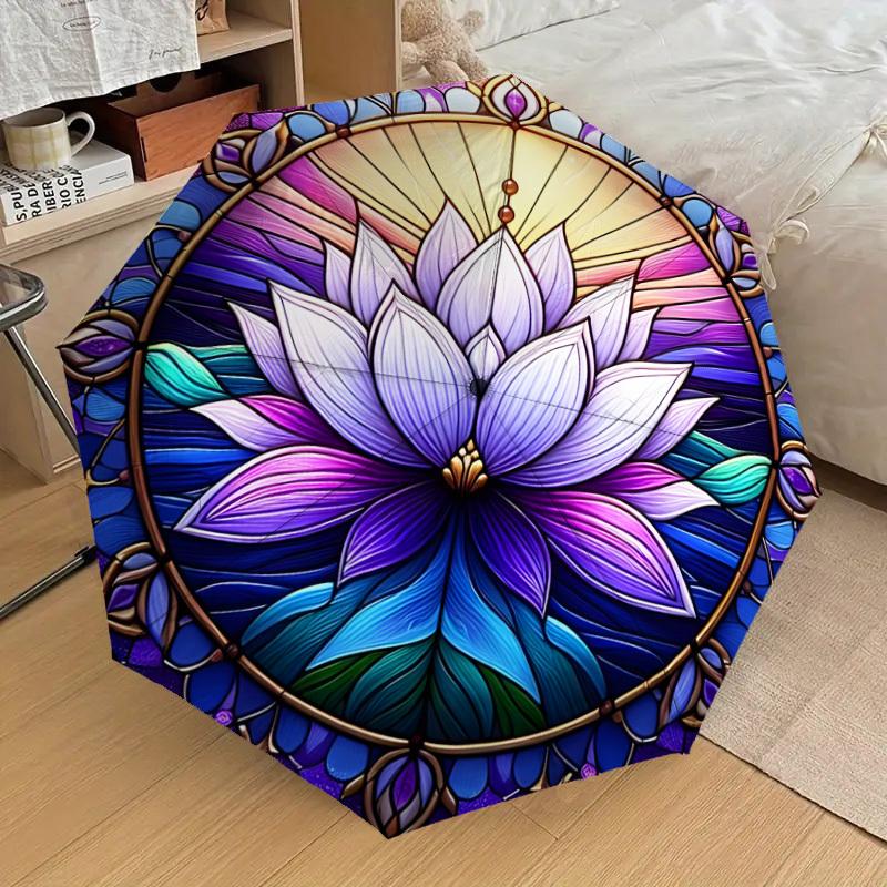 1pc Stained Glass Lotus Mandala Umbrella with Plastic Handle,Suitable for All Seasons Home Travel Outdoor UmbrellaDD1114