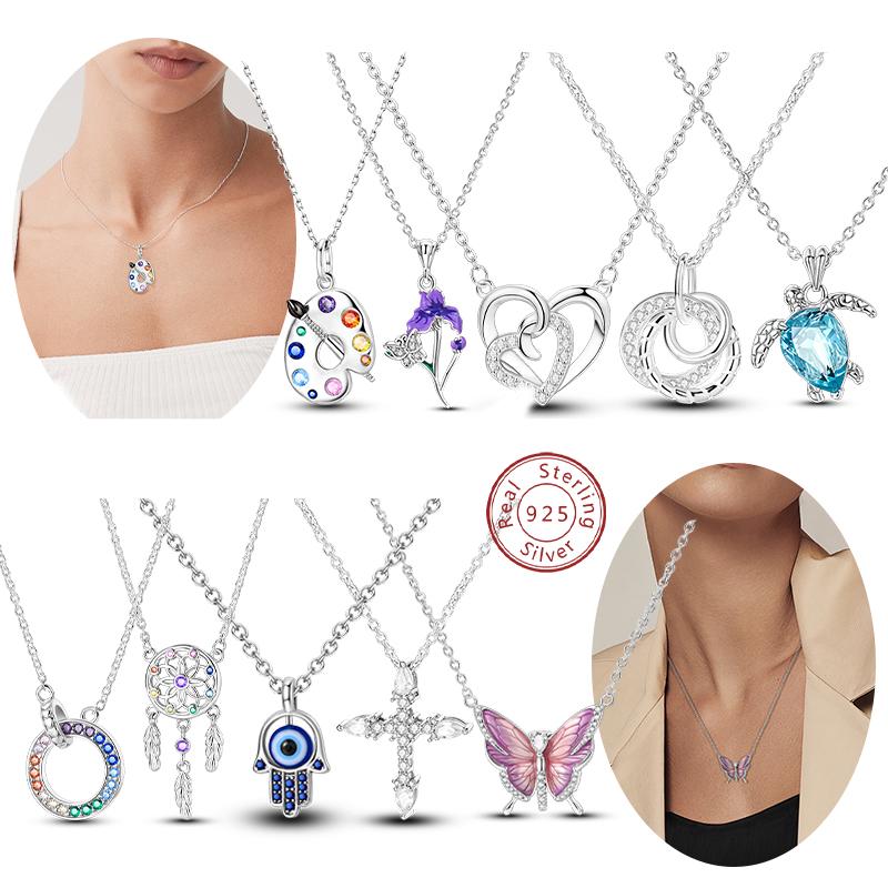 Necklace For Woman Wedding Fine Jewely 925 Silver Simple Basic Classic Butterfly Iris Heart Bear Cross Chain Necklace