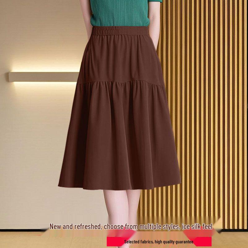 Women's A-Line Elastic Waist Skirt - Three-Quarter Length, Solid Color, Spring/Summer/Autumn Styles Available