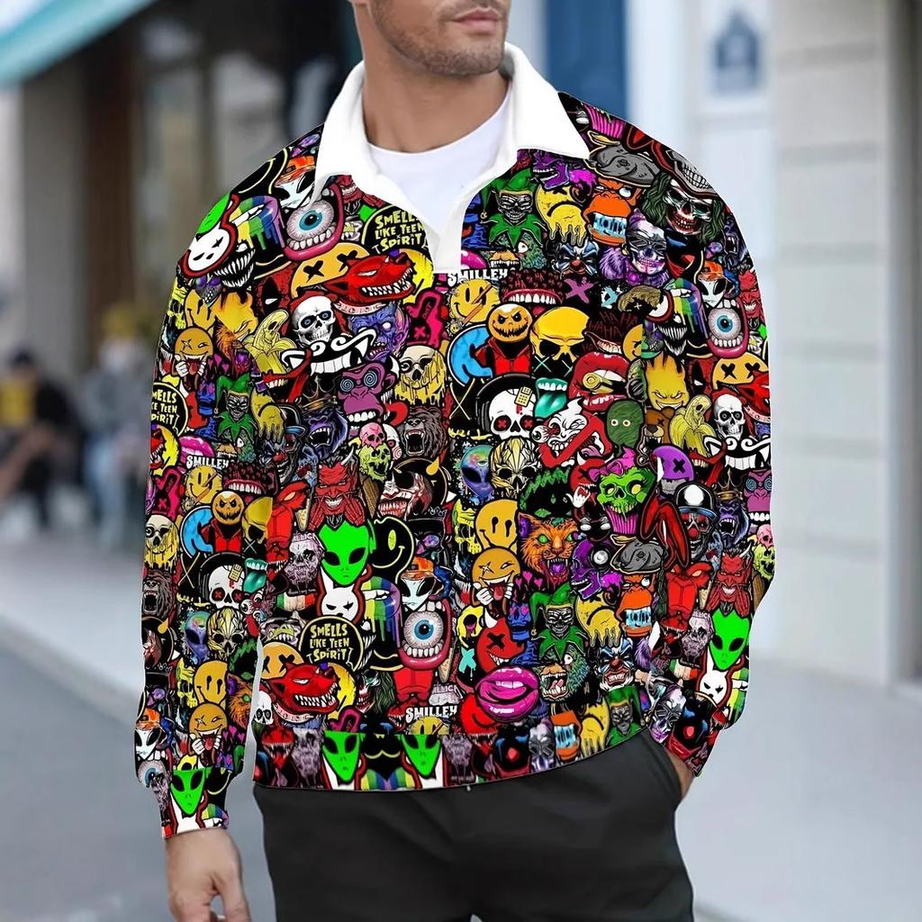 Abstract Art Print Long Sleeve Polo Shirt, Cool Streetwear Essential
