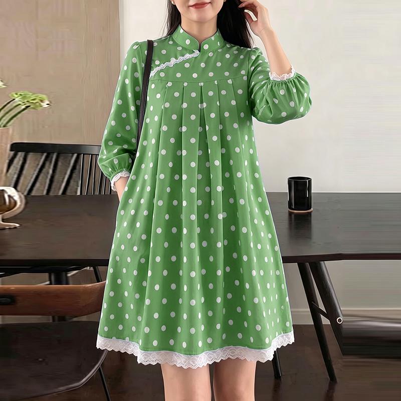 

ZANZEA Women Casual Stand Collar 3/4 Sleeve Summer Polka Dot Print Loose Dress 5XL зелений