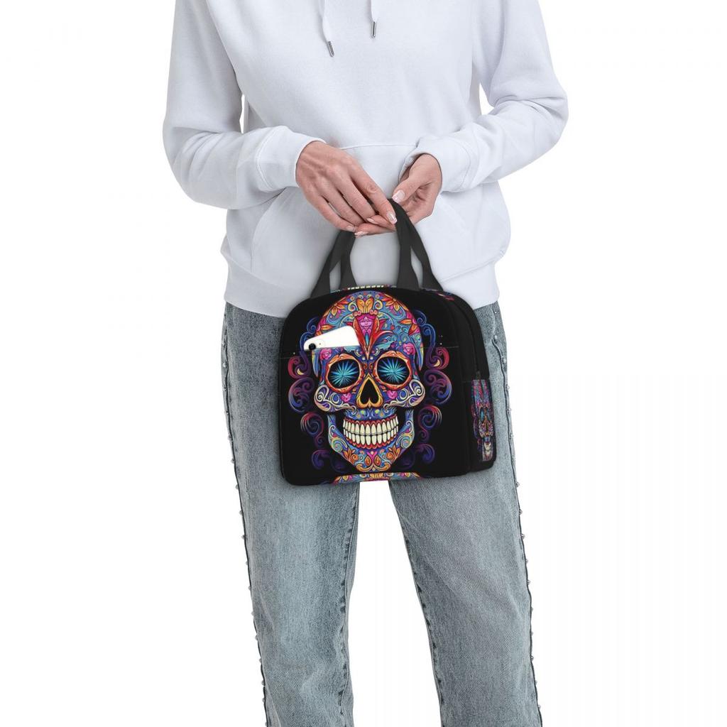 Mexican Sugar Skull Day Of The Dead Sugar Skull Insulated Lunch Bag for Women Kids Leakproof Food Boxes Thermal Lunch Box Tote